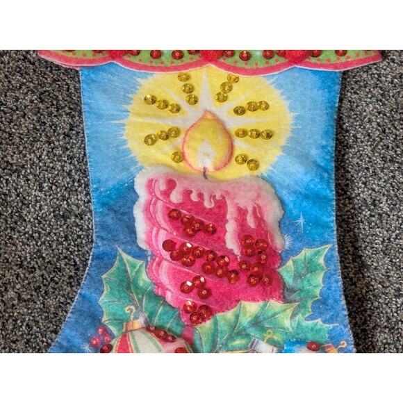 Vintage Puffy Felt Sequin Hand Made Christmas Stocking Candle Ornament 18.5"L - Picture 3 of 6
